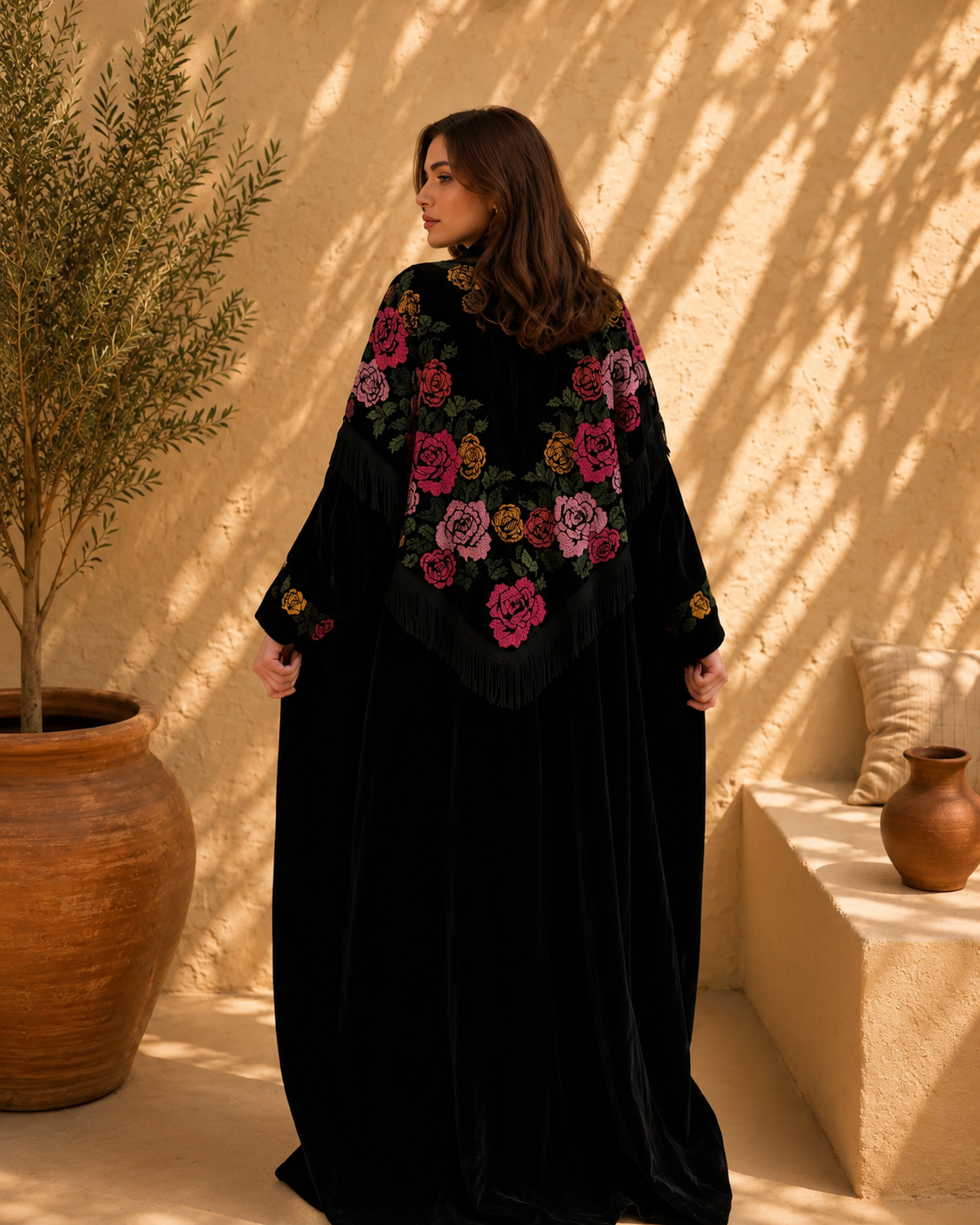 Luxurious Black Bisht with Delicate Handmade Embroidery