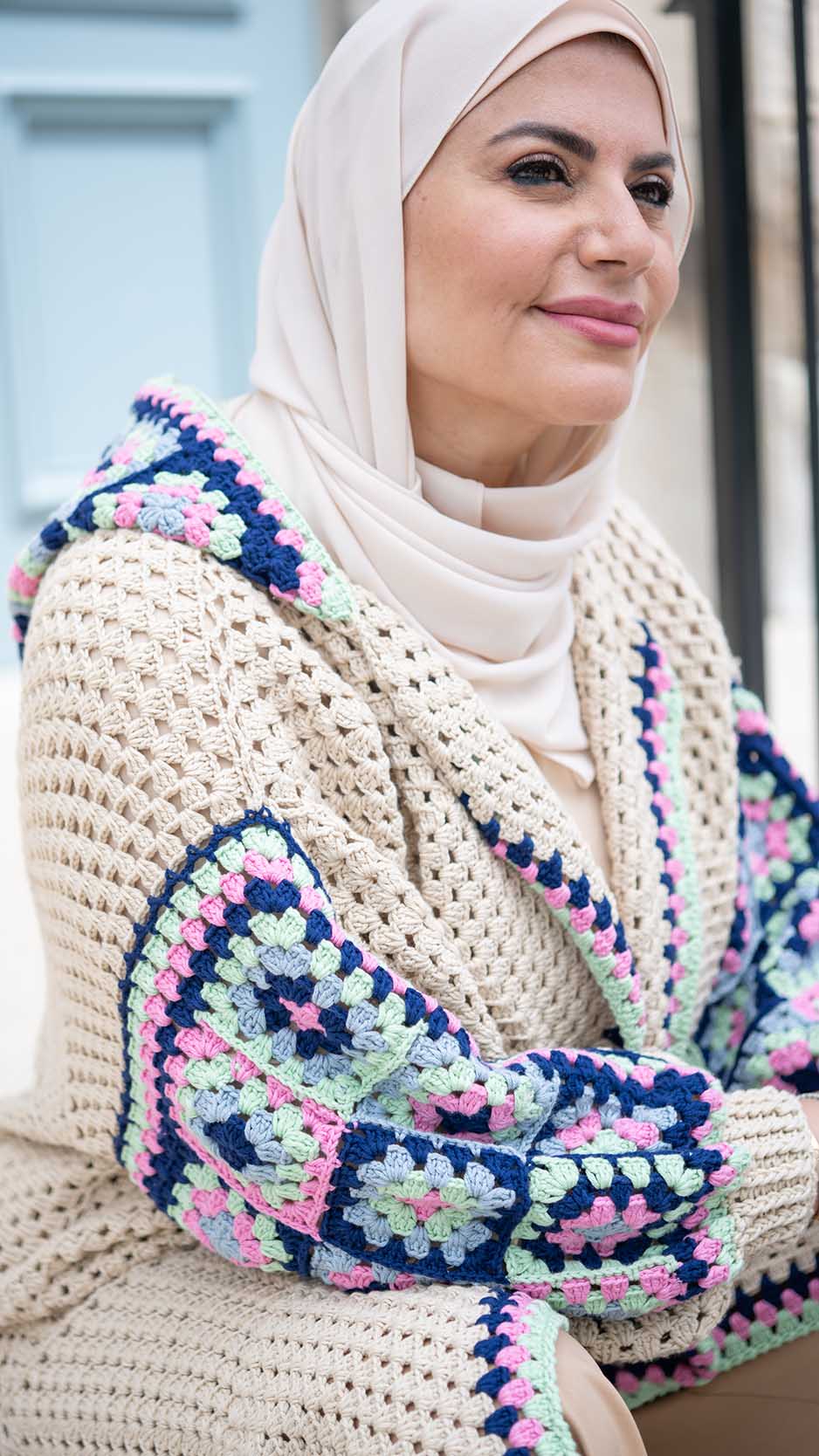 Handmade Crochet Beige Cardigan with Bright Colors | Tatreez Banatna