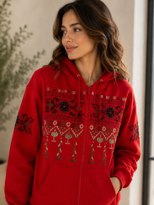 Banat Gaza Red Zipper Hoodie – Handmade Palestinian Tatreez