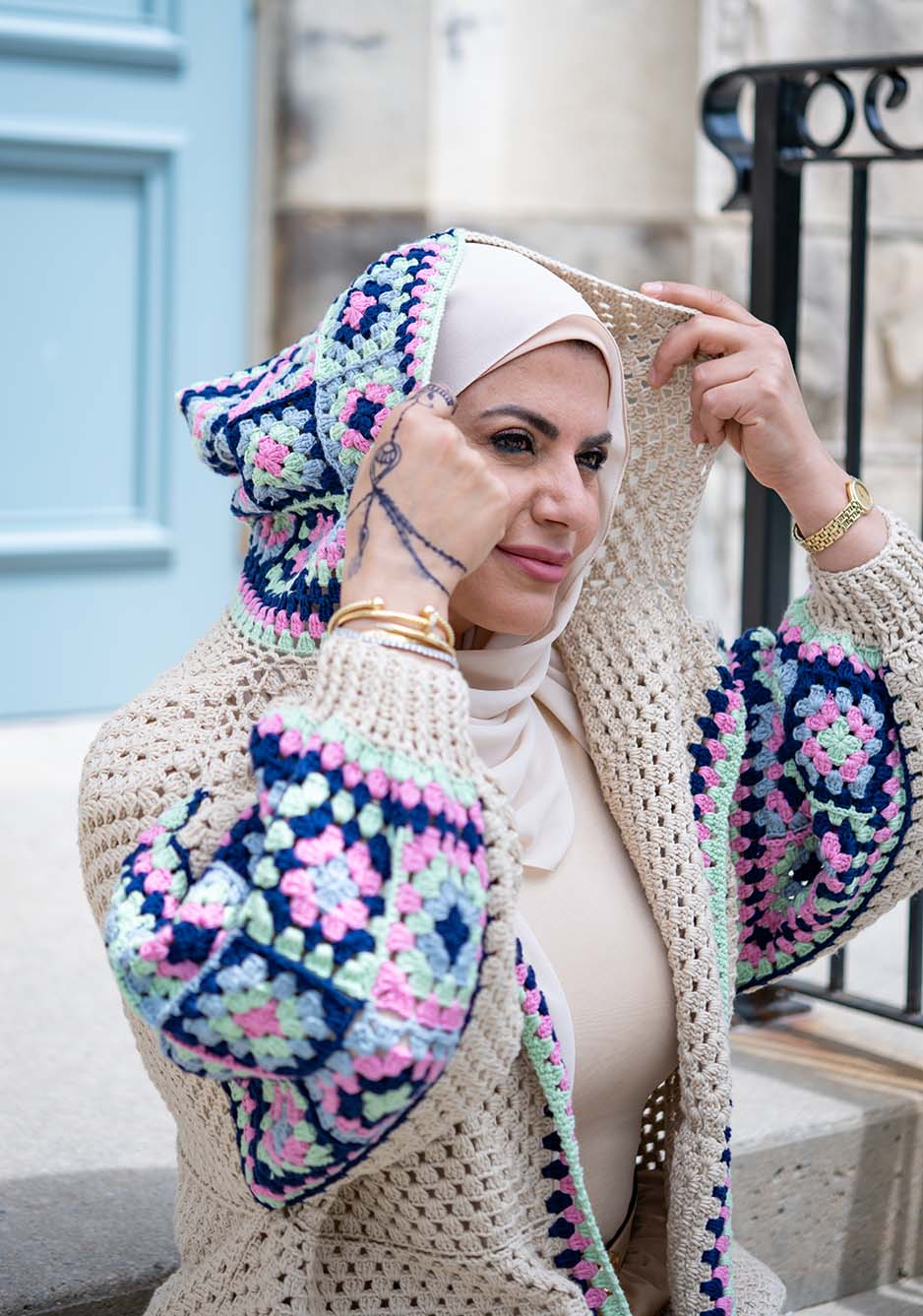 Handmade Crochet Beige Cardigan with Bright Colors | Tatreez Banatna