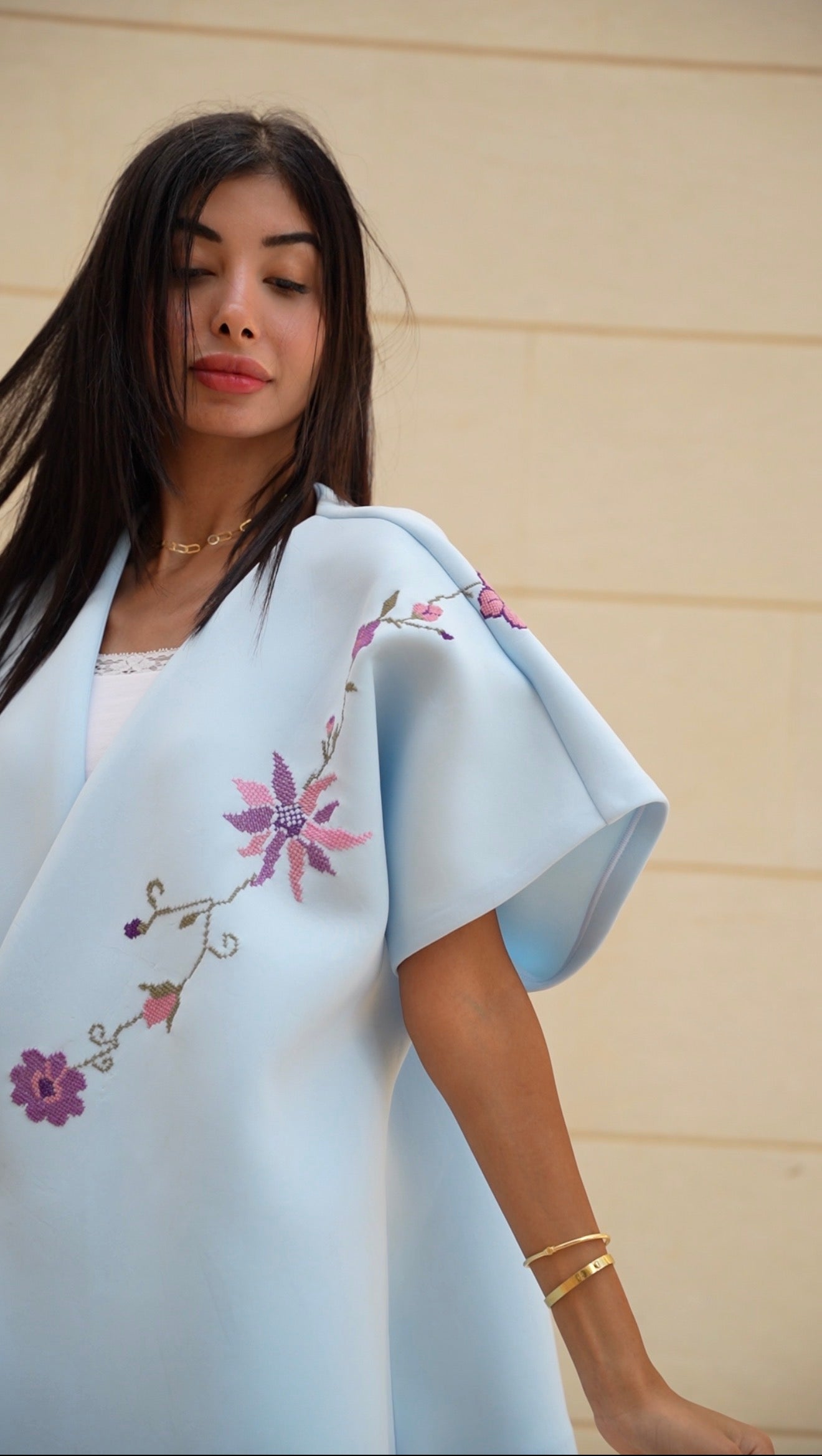 Merimade Elegant Aquamarine Scuba Top with Handmade Embroidery