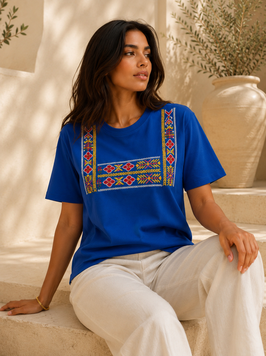 Sahara: Beige Cotton T-Shirt with Handmade Embroidery