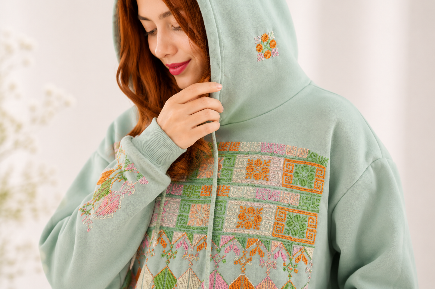 Fantasy Light Green Hoodie with Handmade Embroidery