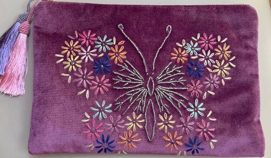 Velvet Clutch – Hand-Embroidered Butterfly & Floral Palestinian Tatreez