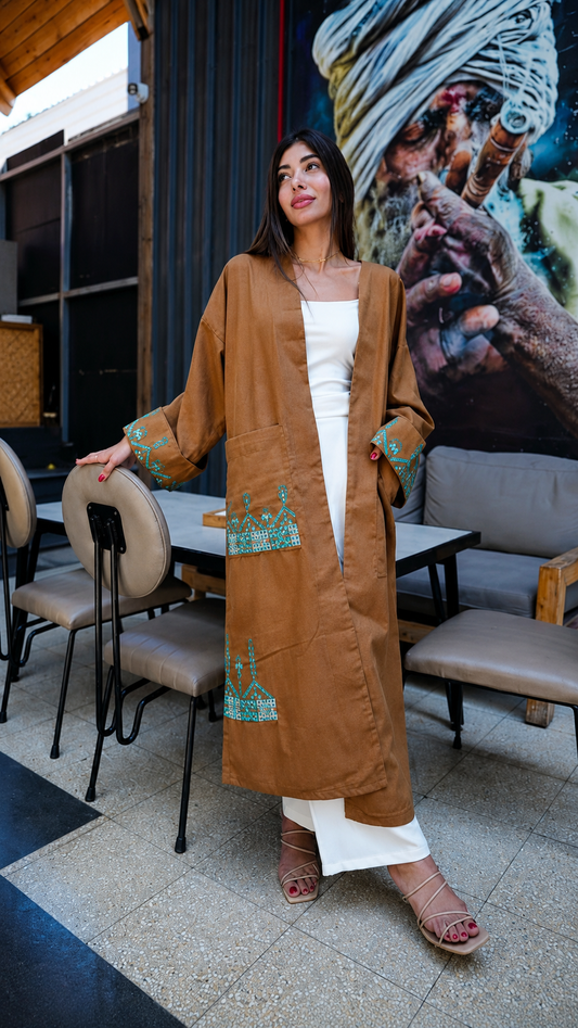 Samra: Cumin Color Linen Abaya with Teal Hand Embroidery