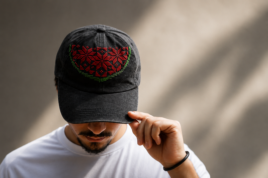 Grey Watermelon Hat – Handmade Palestinian Tatreez