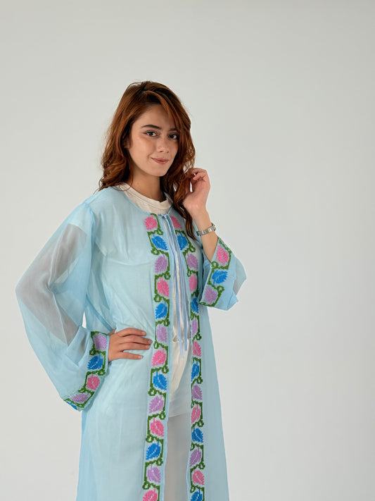 Fiona: Handmade Chiffon Light Blue Abaya with Vibrant Crochet