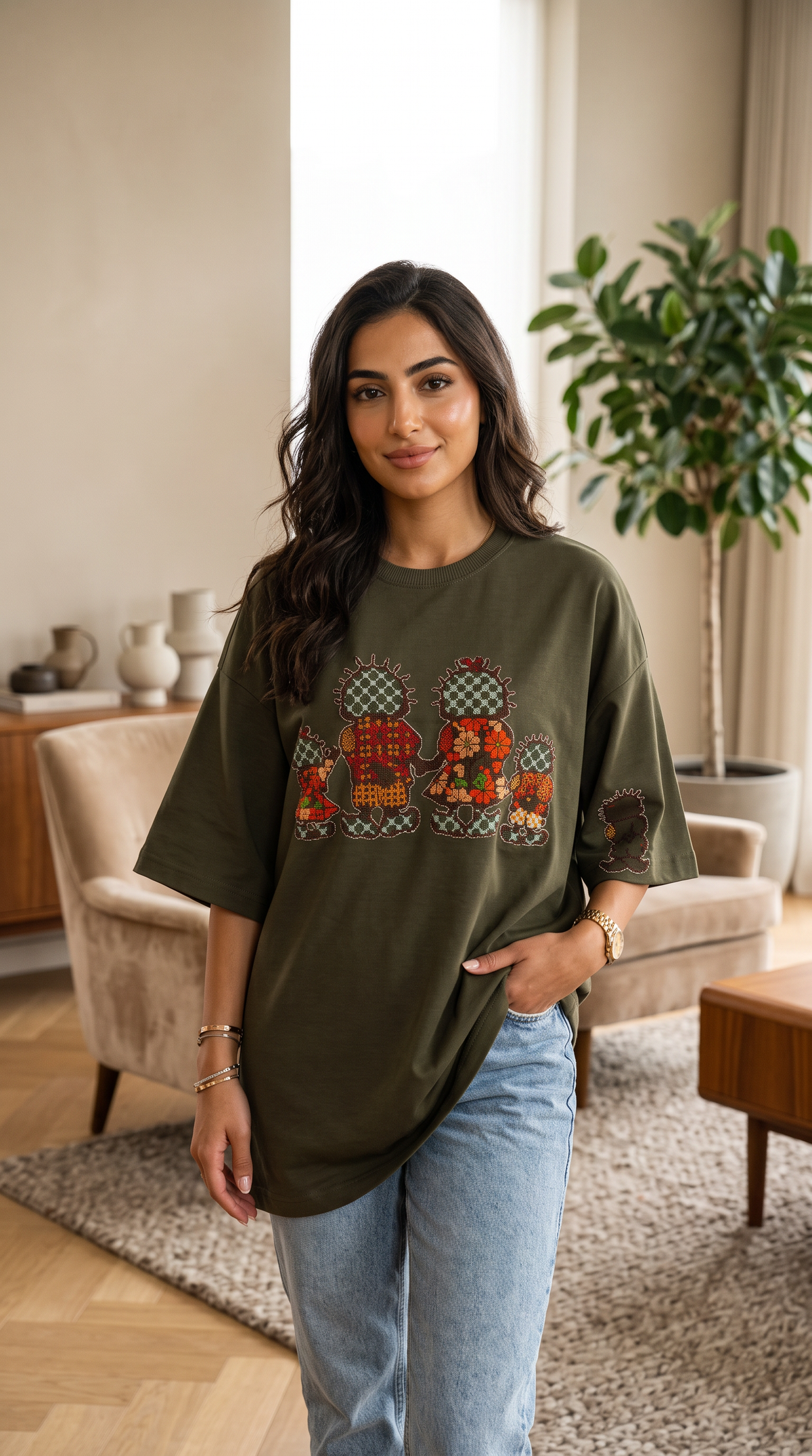 Olive Oversize T-Shirt – Hand-Embroidered Handhala Palestinian Tatreez