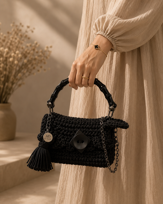Noir Black Crochet Clutch – Handmade Unique Button | Rand Sac