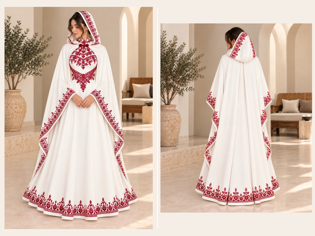 Amal Palestinian Bridal Henna Dress and Cape – Hand Embroidery – photo 5 | Tatreez Banatna