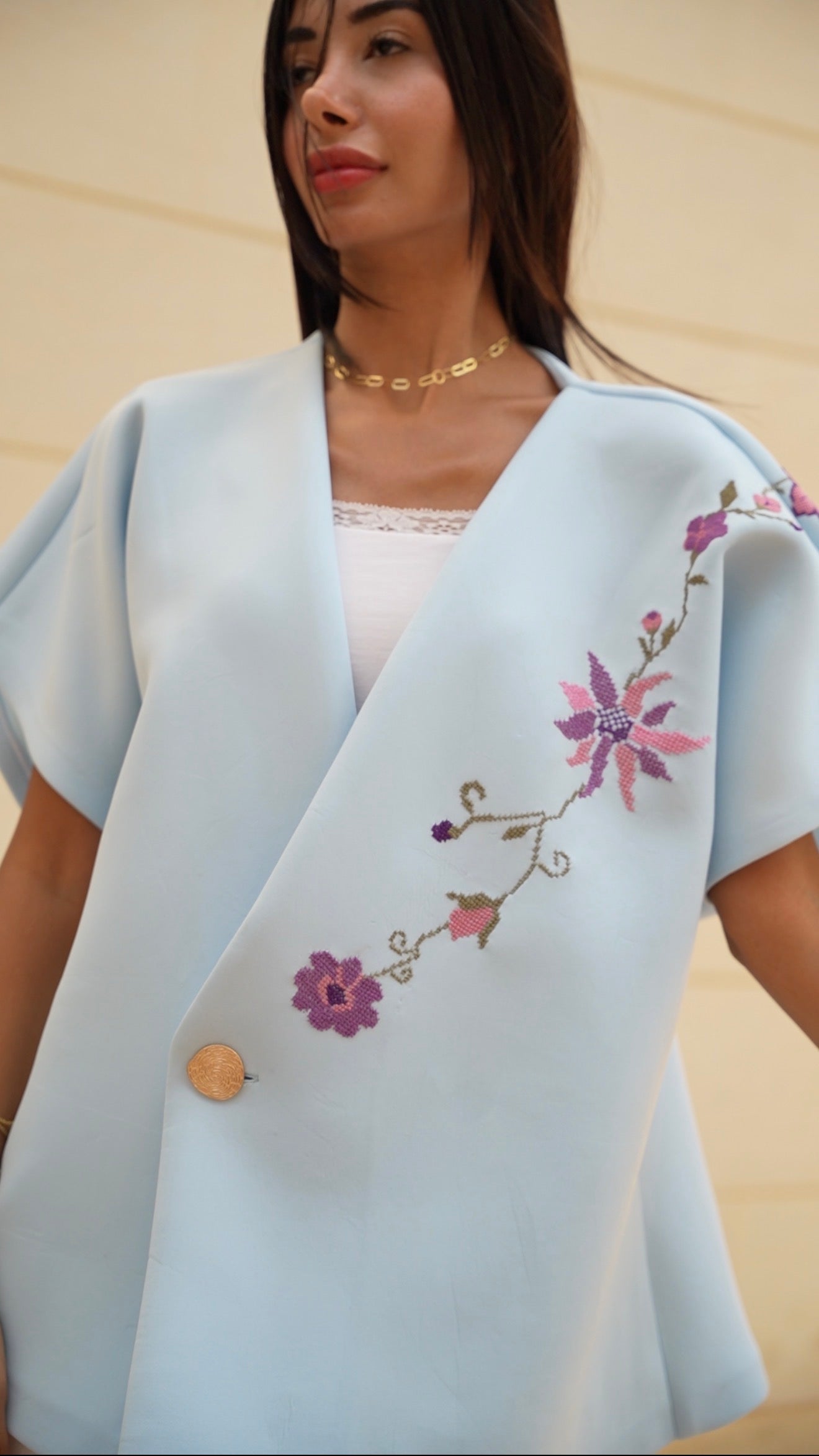 Merimade Elegant Aquamarine Scuba Top with Handmade Embroidery