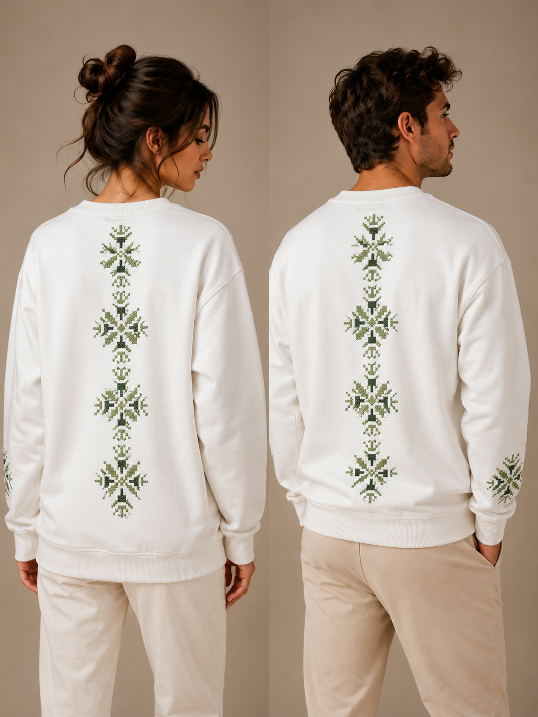 White Sweatshirt – Hand-Embroidered Olive Tree Tatreez – photo 5 | Tatreez Banatna