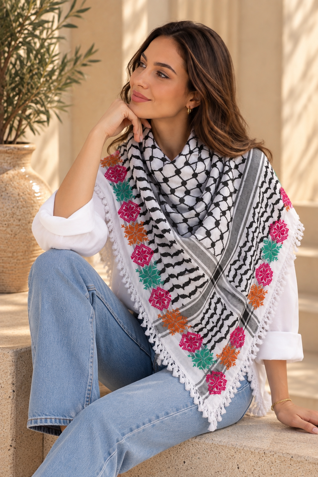 Black & White Keffiyeh – Handmade Green, Pink & Orange Tatreez
