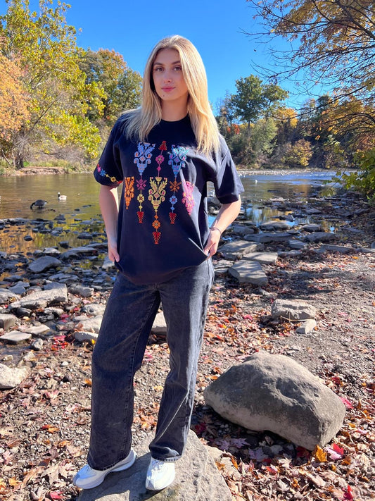 Navy Oversized T-Shirt with Kasat Tareez | Unique Statement Piece by Resilient Artisans