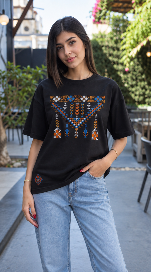 Honor: Handmade Oversized Black T-Shirt with Vibrant Palestinian Embroidery