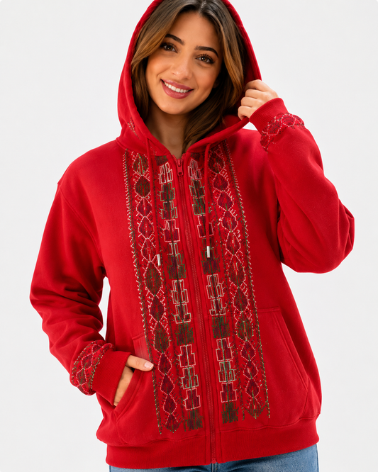 Red Zipper Hoodie – Handmade Palestinian Tatreez Embroidery