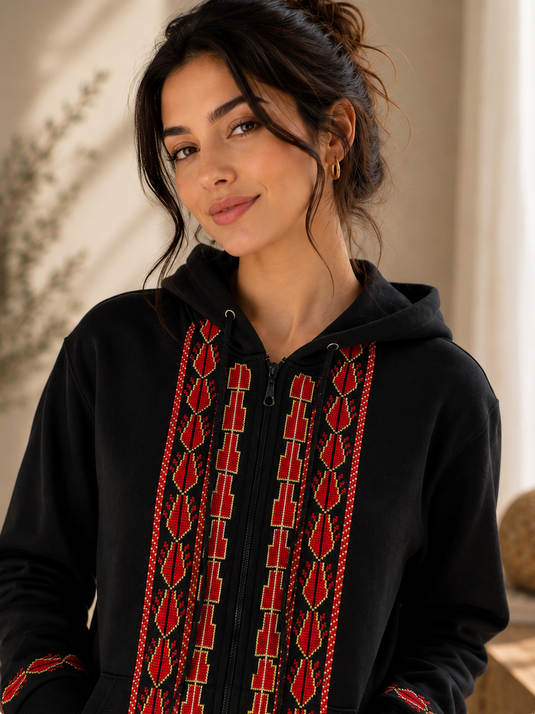 Palestinian Embroidered Zipper Hoodie – Handmade Tatreez