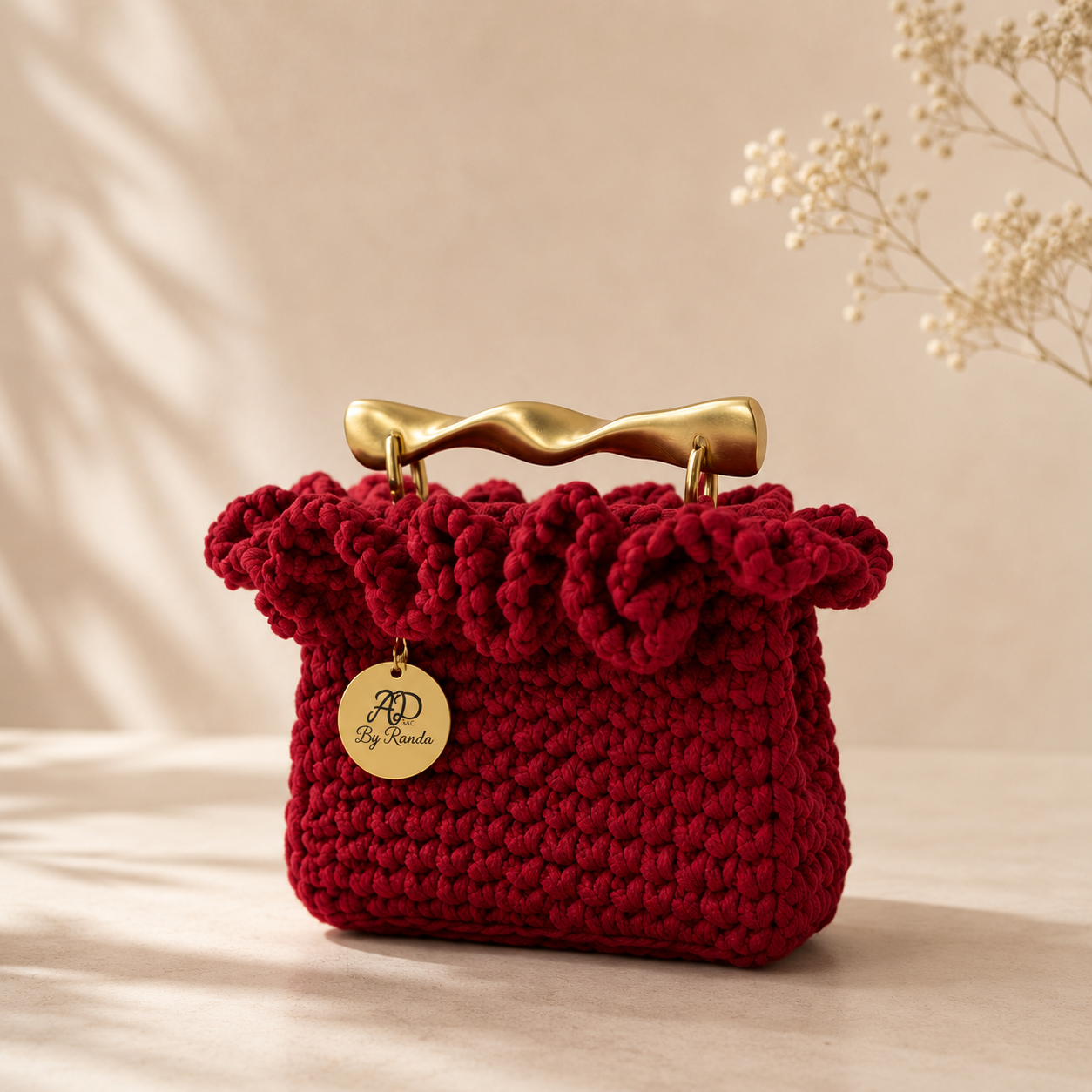 Glamour in Red: Chic Deep Red Crochet Clutch with Metallic Golden Handle | Unique Handmade by Rand Sac by Randa