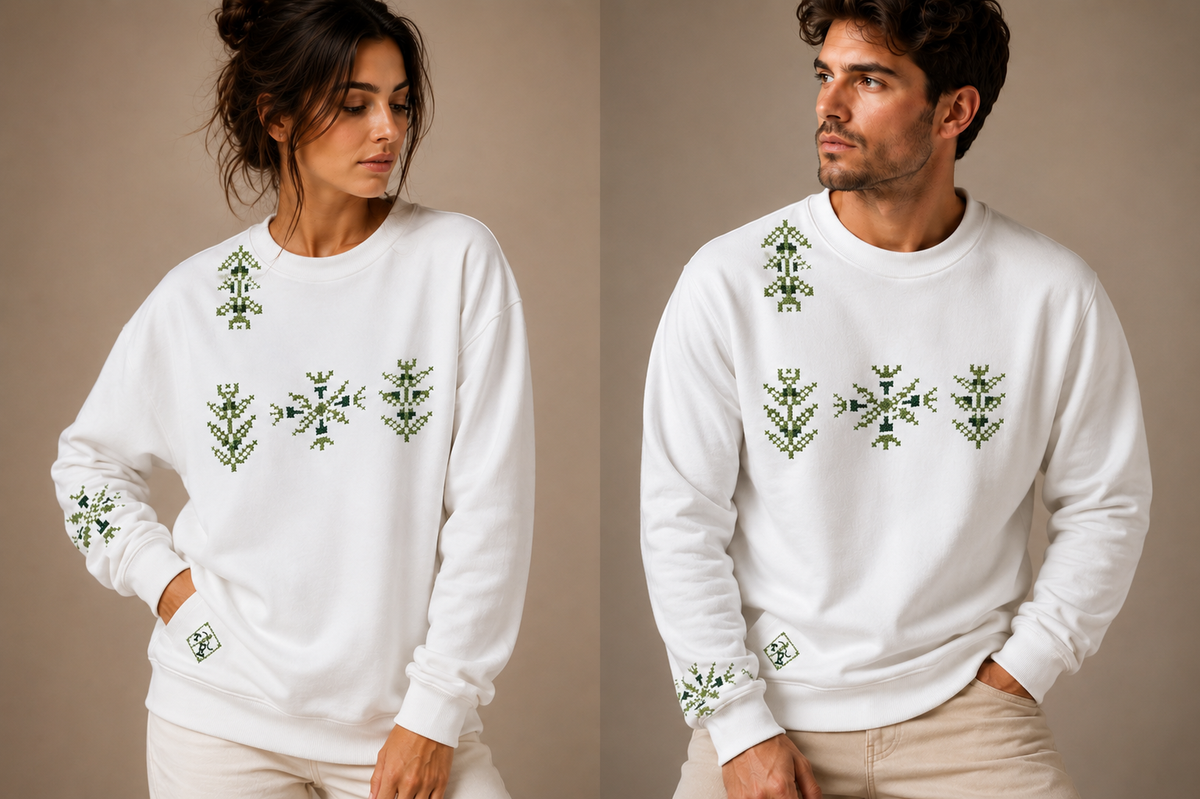 White Sweatshirt – Hand-Embroidered Olive Tree Tatreez – photo 2 | Tatreez Banatna