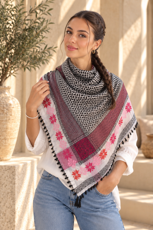 Flower Keffiyeh – Handmade Palestinian Flower Tatreez Embroidery