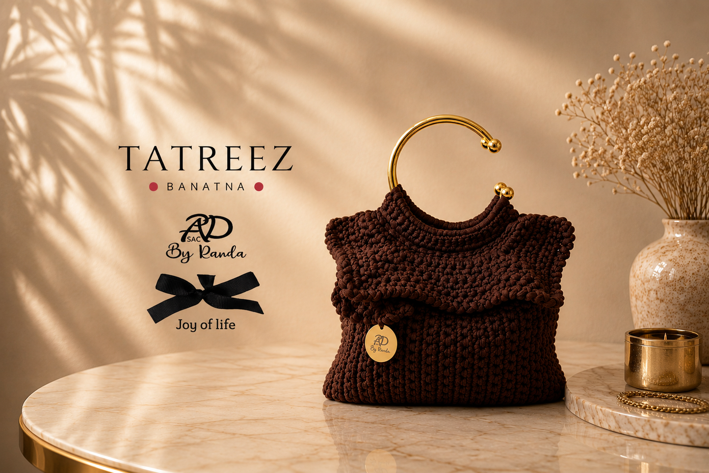 Elegant Dark Brown Crochet Clutch with Half-Circle Golden Handle | Unique Handmade by Rand Sac by Randa