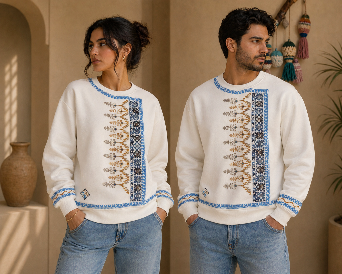 Seher Handmade White Sweater | Magical Palestinian Embroidery in Ocean & Sand Colors