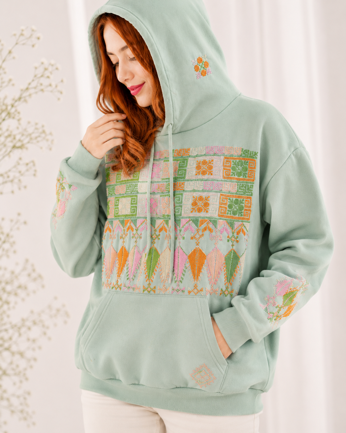 Fantasy Light Green Hoodie with Handmade Embroidery