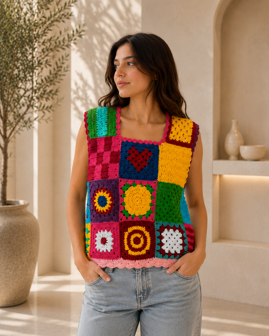 Colorful Crochet Sleeveless Top | Handmade | Tatreez Banatna
