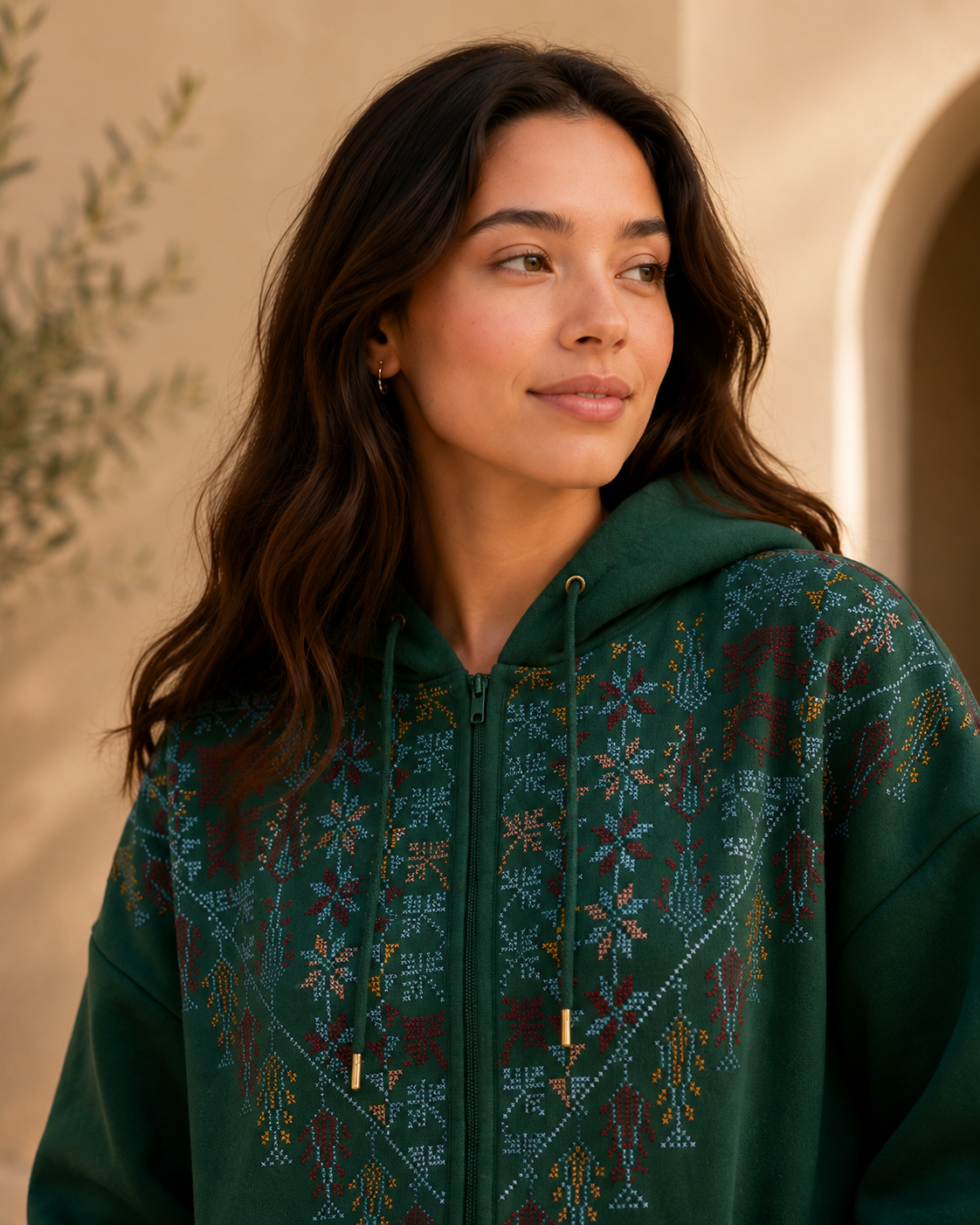 Sahar Green Zipper Hoodie – Handmade Palestinian Floral Tatreez