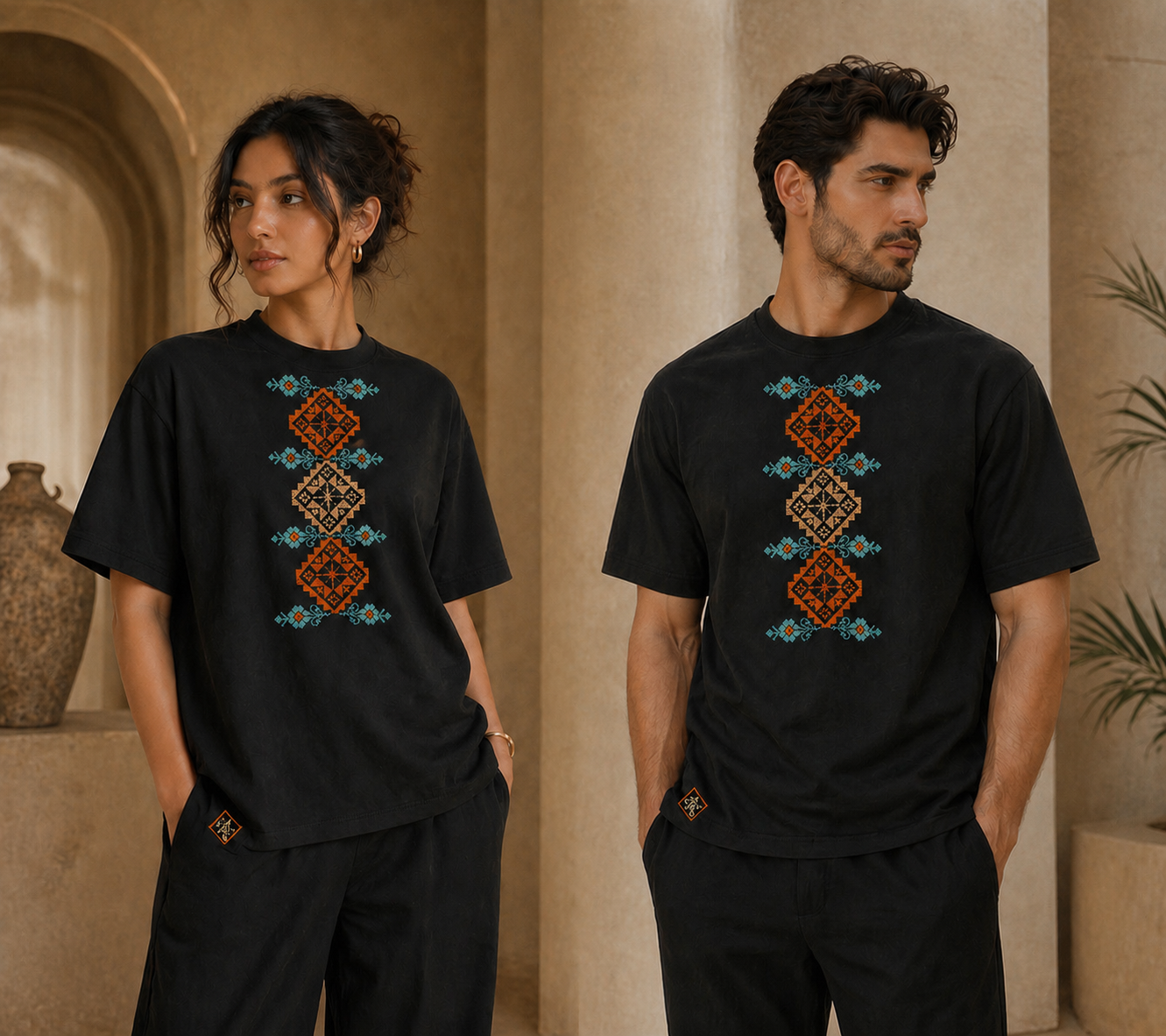 Moon T-Shirt: Handmade Oversized Tee with Palestinian Moon & Flower Embroidery