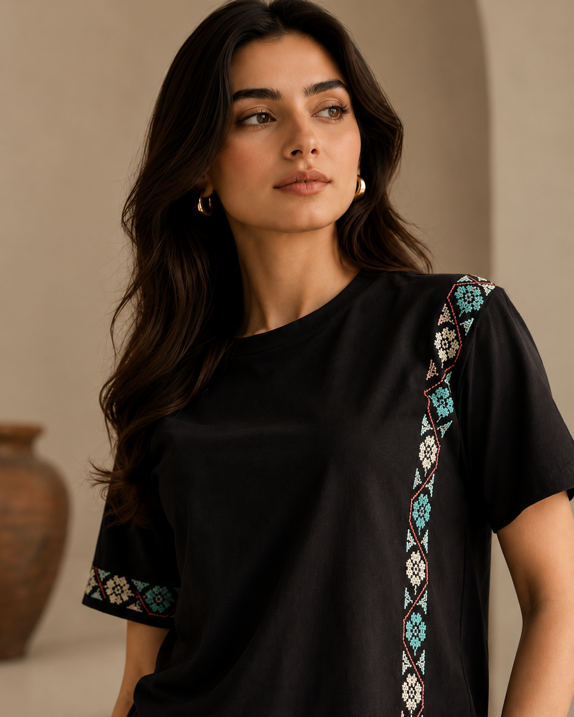 Harmony Black T-Shirt – Handmade Teal & Peach Flower Tatreez