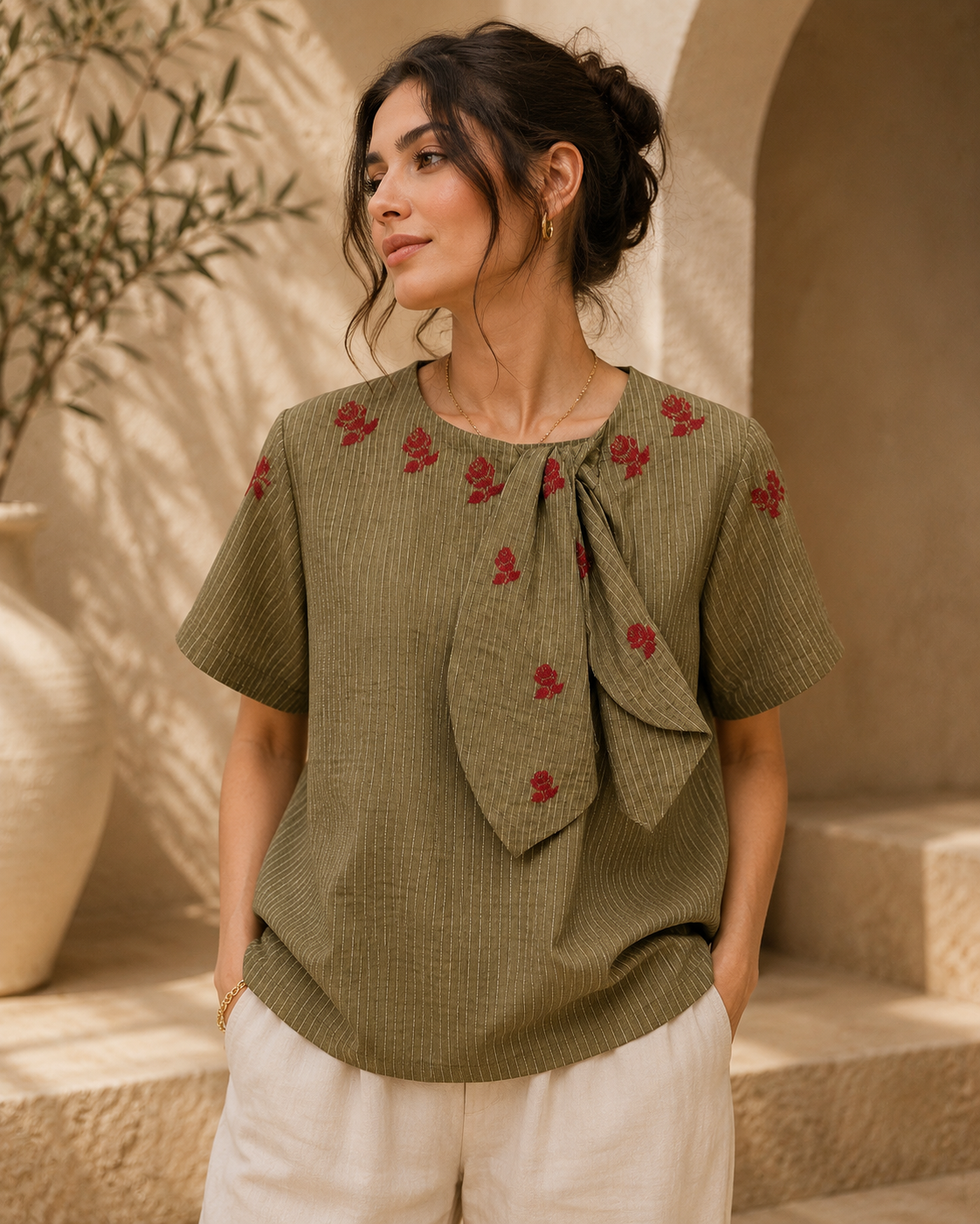 Heart: Elegant Linen Top with Bow & Hand-Embroidered Flowers - Limited Edition
