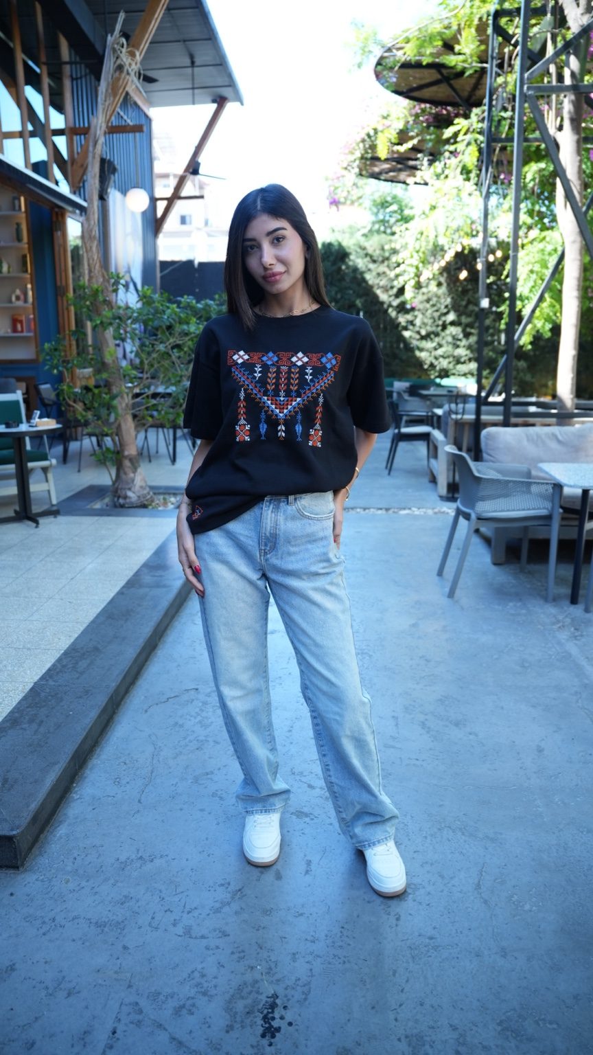 Honor: Handmade Oversized Black T-Shirt with Vibrant Palestinian Embroidery