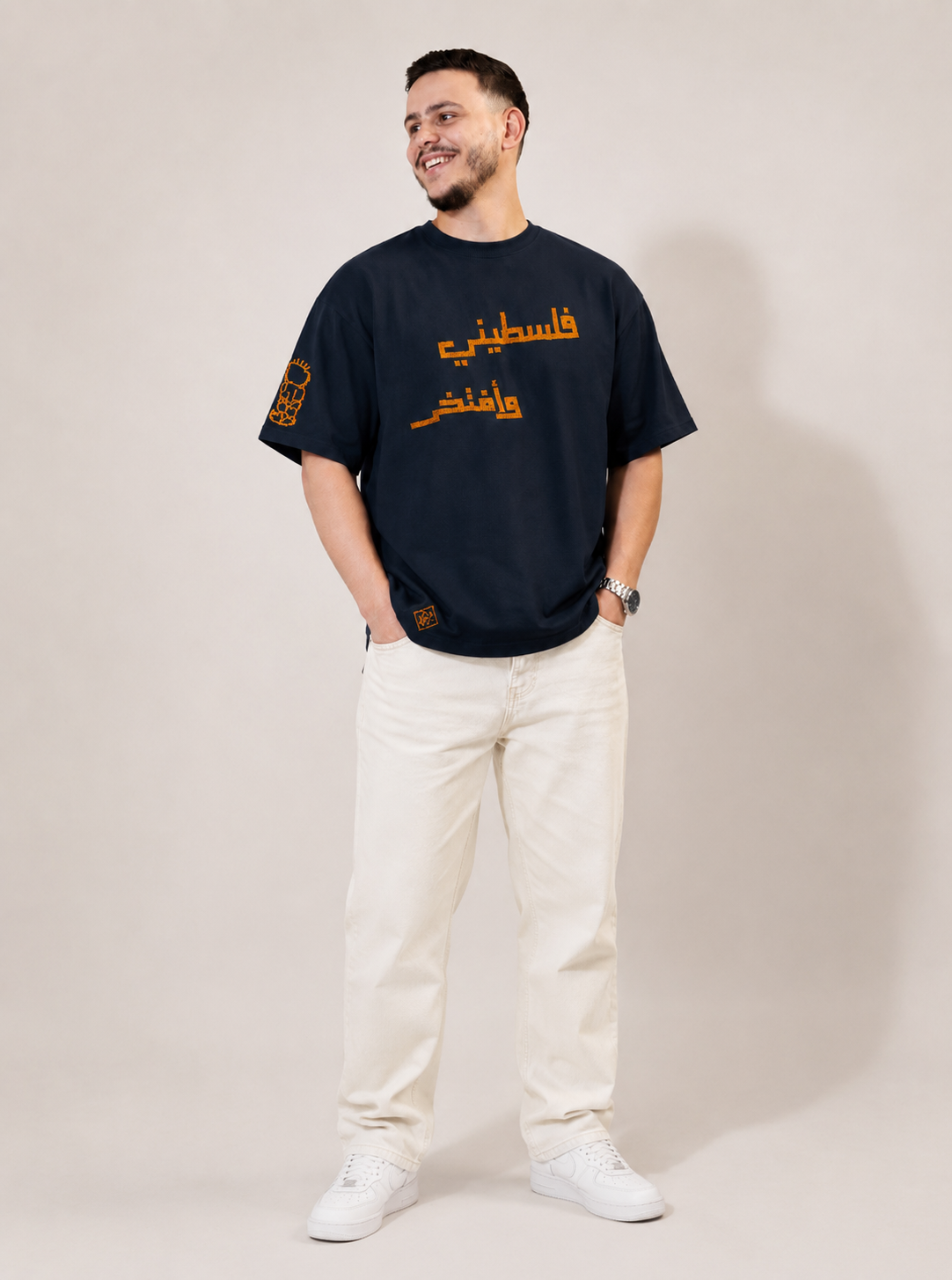 Falasteeni W Aftakher Navy T-Shirt – Handmade Palestinian Tatreez | فلسطيني وأفتخر