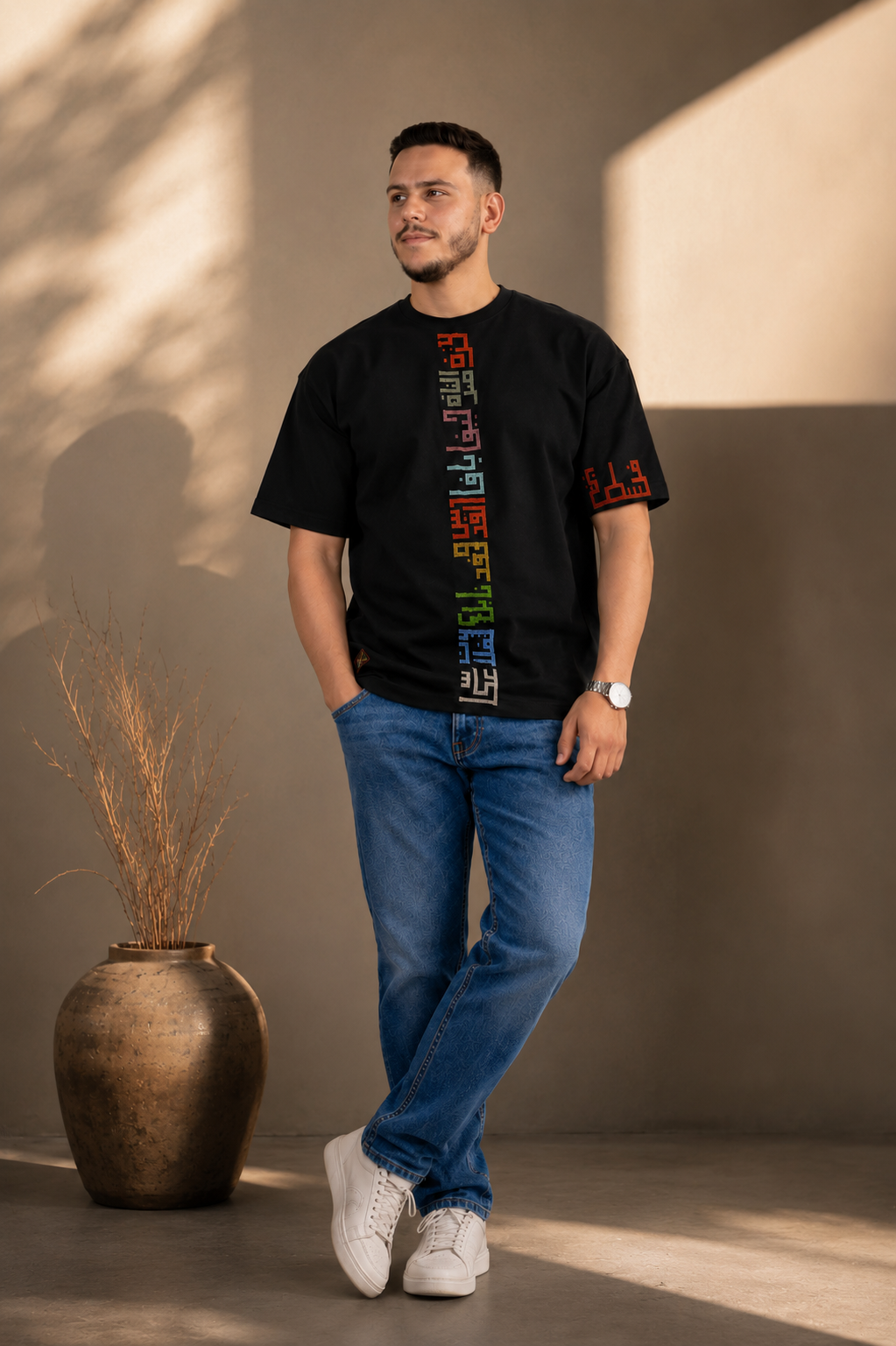 Black Cotton Oversized T-Shirt – Hand-Embroidered Palestinian Cities Tatreez
