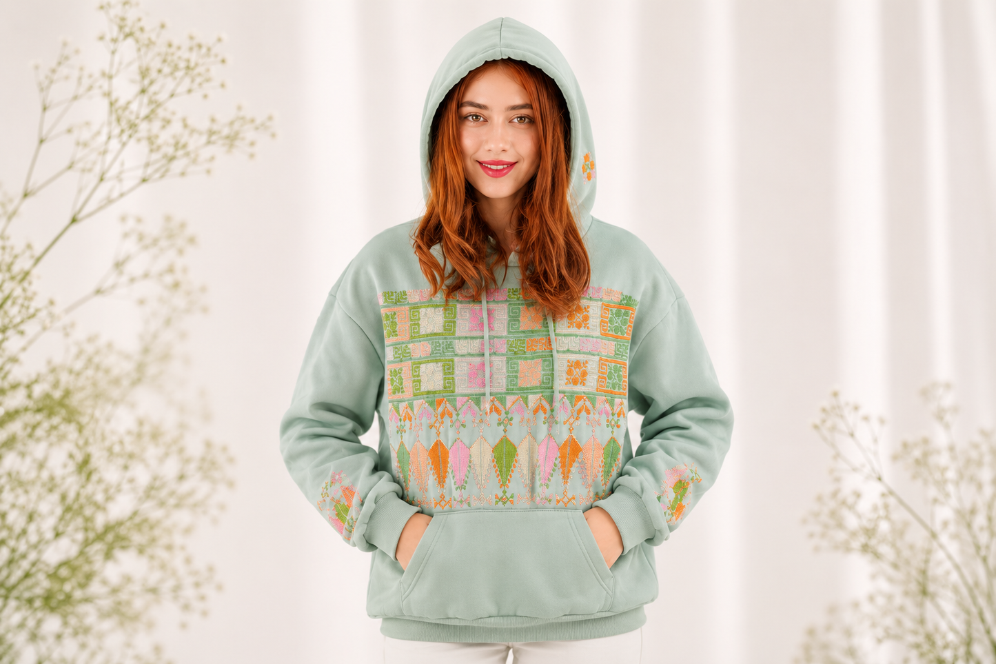 Fantasy Light Green Hoodie with Handmade Embroidery