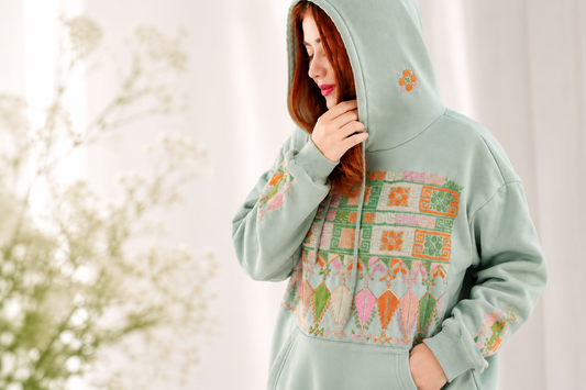 Fantasy Light Green Hoodie with Handmade Embroidery