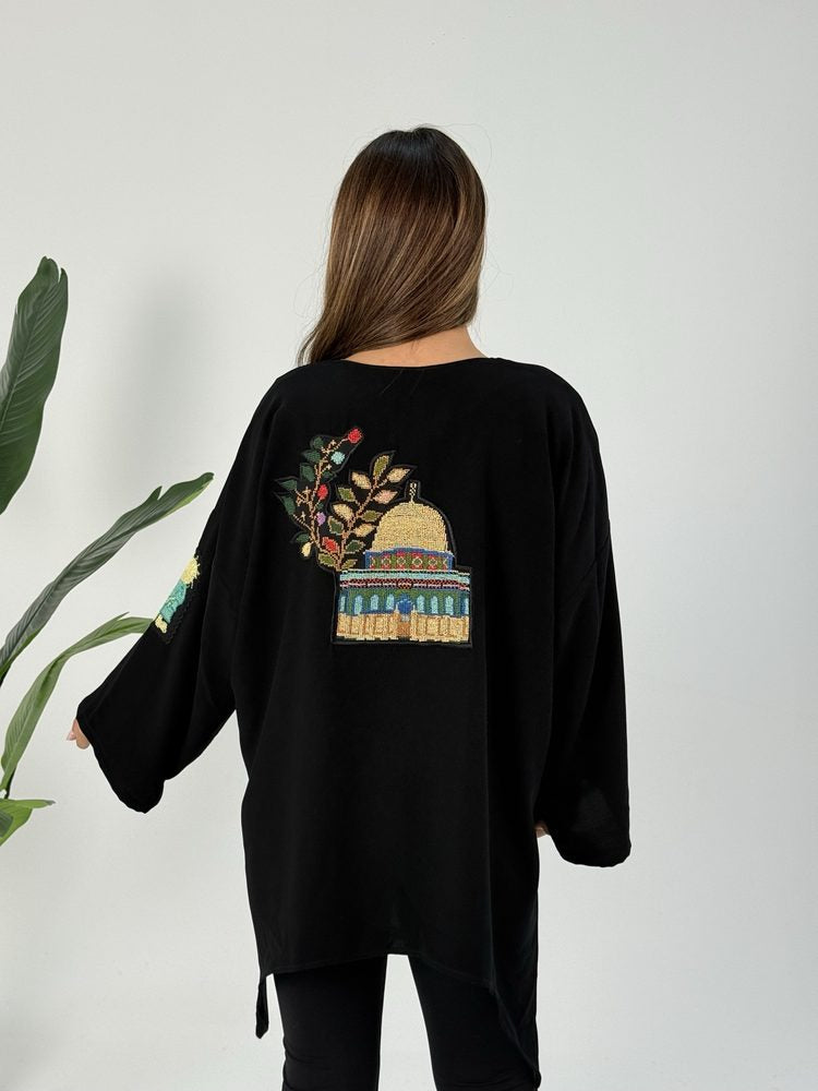 Wallada black top with hand-stitched Handala and Al-Quds Palestinian embroidery