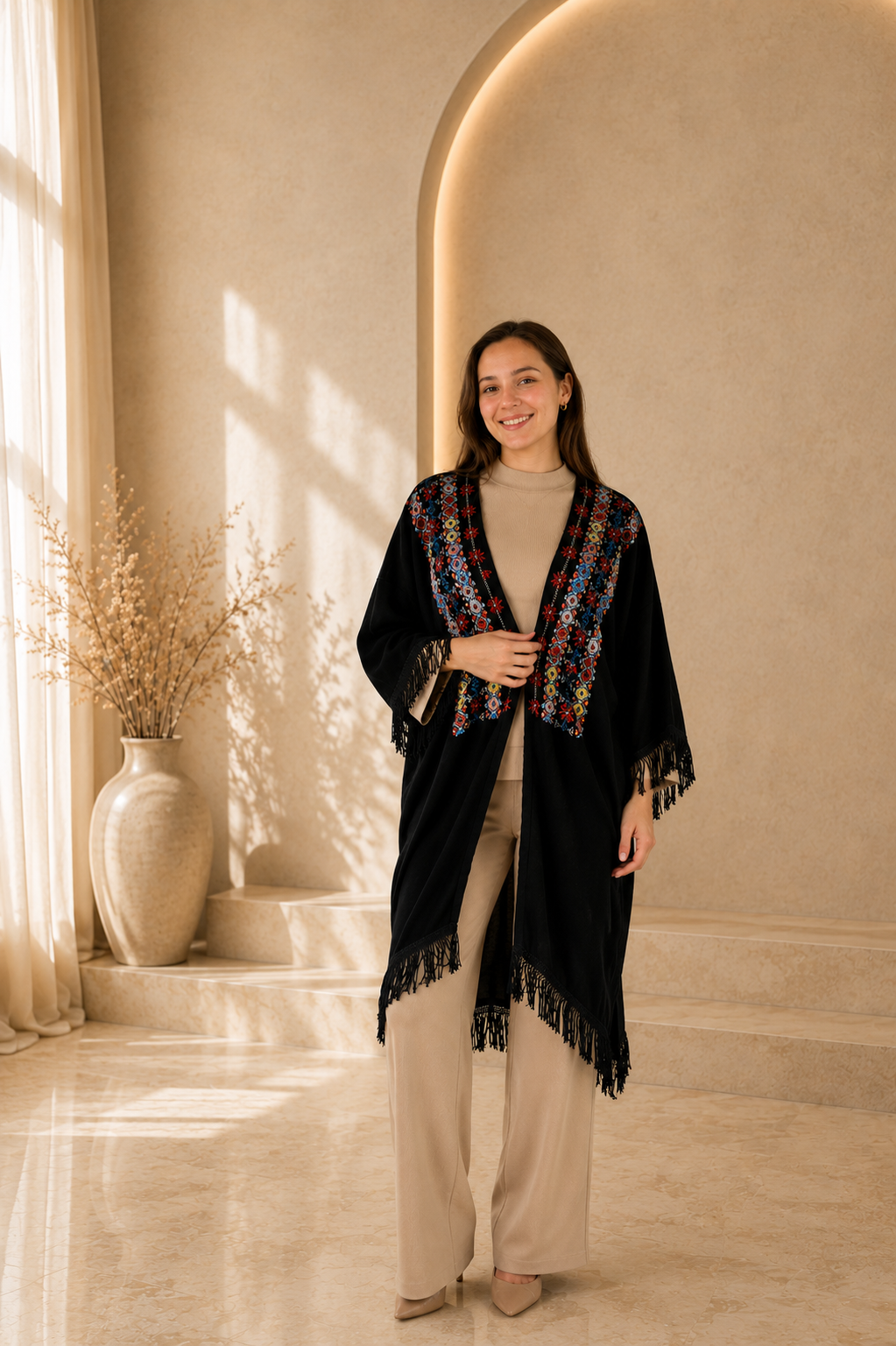 Handmade Free Size Embroidered Black Kimono with Tassels - Stylish Crepe Georgette Jacket