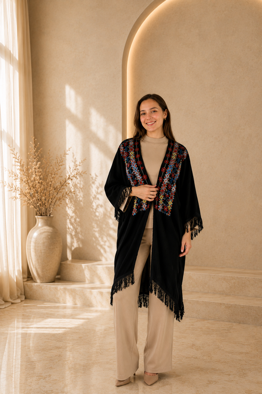 Handmade Free Size Embroidered Black Kimono with Tassels - Stylish Crepe Georgette Jacket