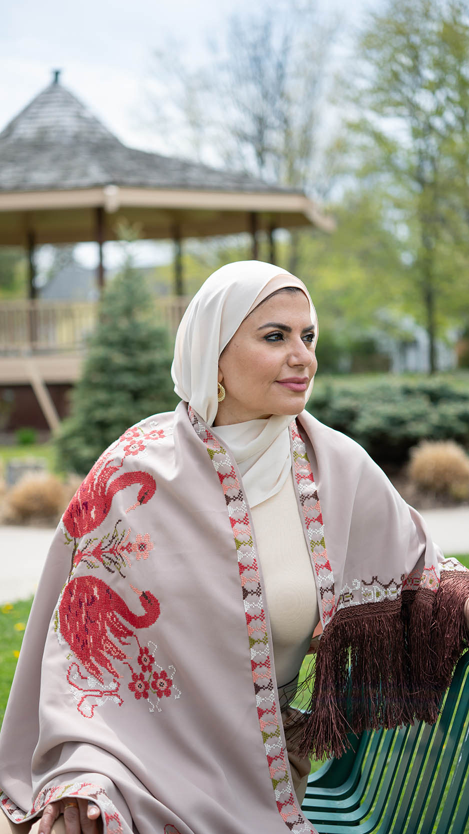 Swan Embroidered Georgette Shawl | Tatreez Banatna