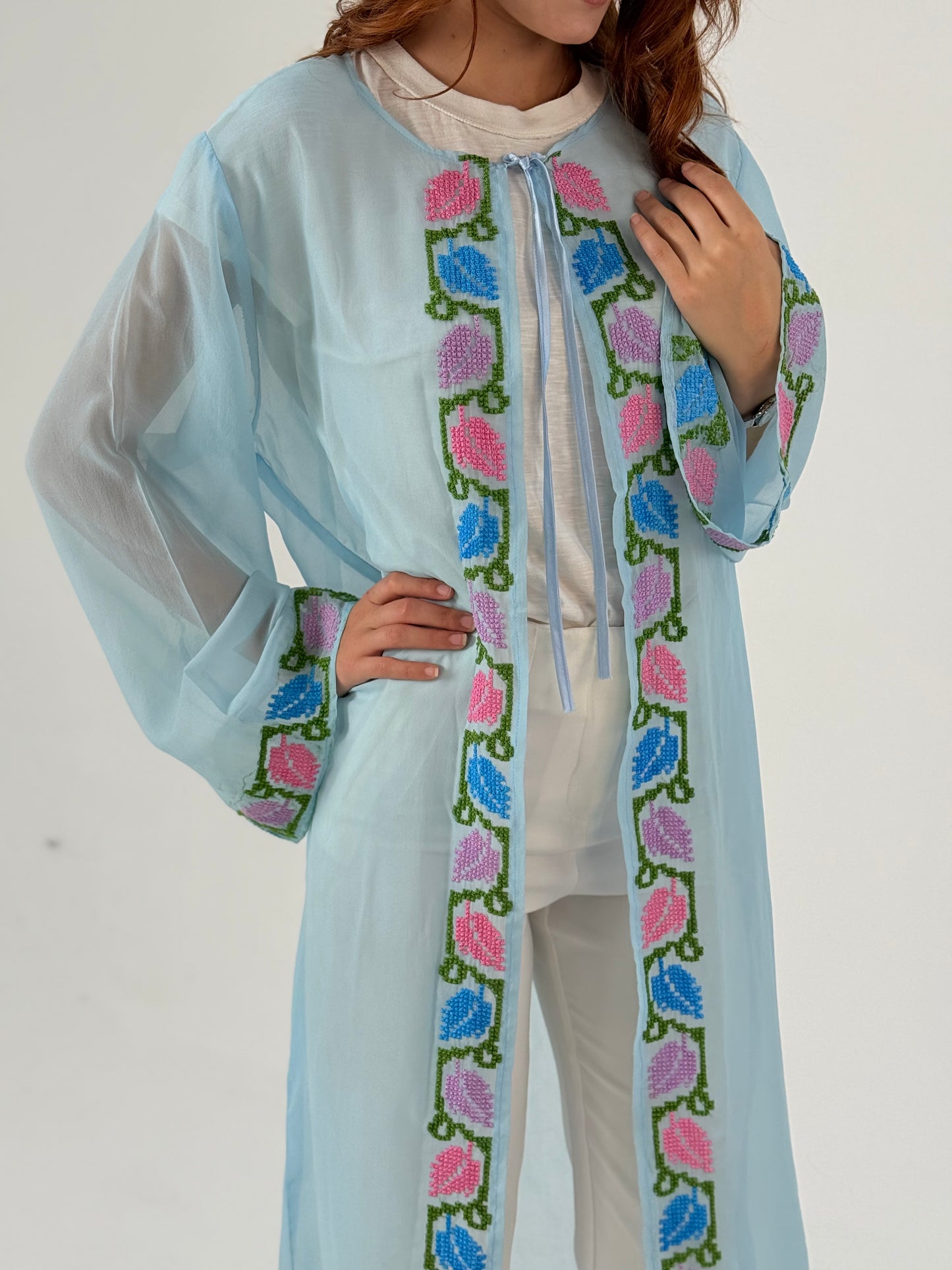 Fiona: Handmade Chiffon Light Blue Abaya with Vibrant Crochet
