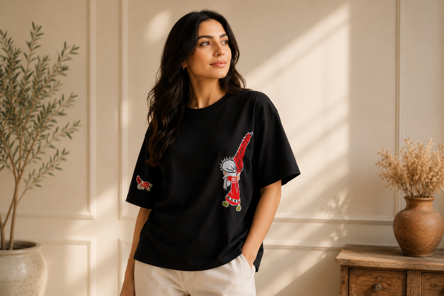 Handhala Mom T-Shirt | Oversized Black Tee with Palestinian Map Embroidery (Copy)