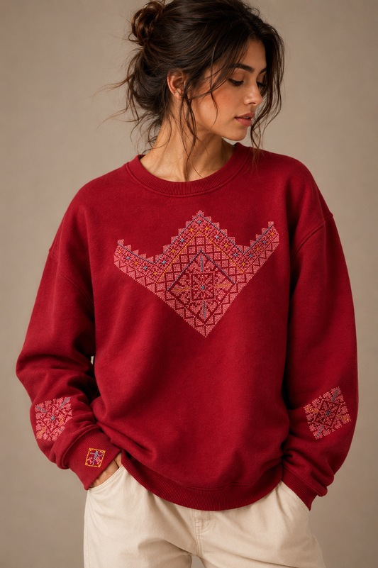 Burgundy Sweatshirt – Handmade Turquoise & Pink Palestinian Tatreez