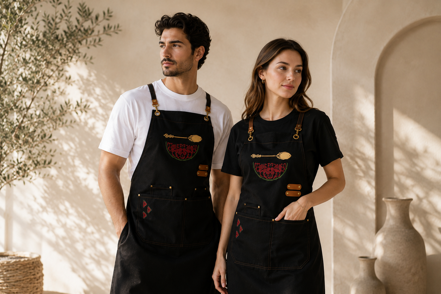 Adjustable Grey-Strap Apron with Hand-Embroidered Watermelon Design and Spoon in Cumon Color