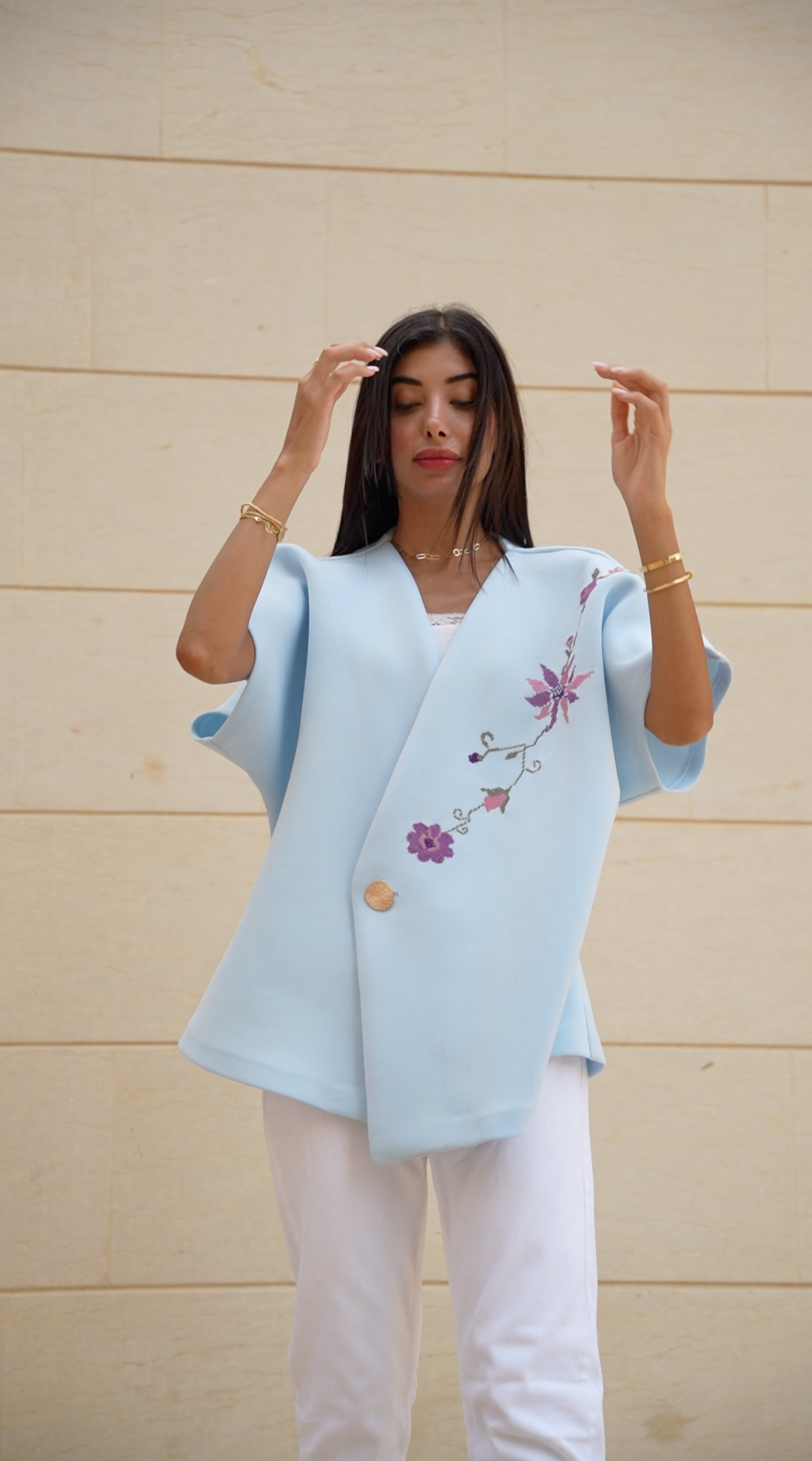 Merimade Elegant Aquamarine Scuba Top with Handmade Embroidery