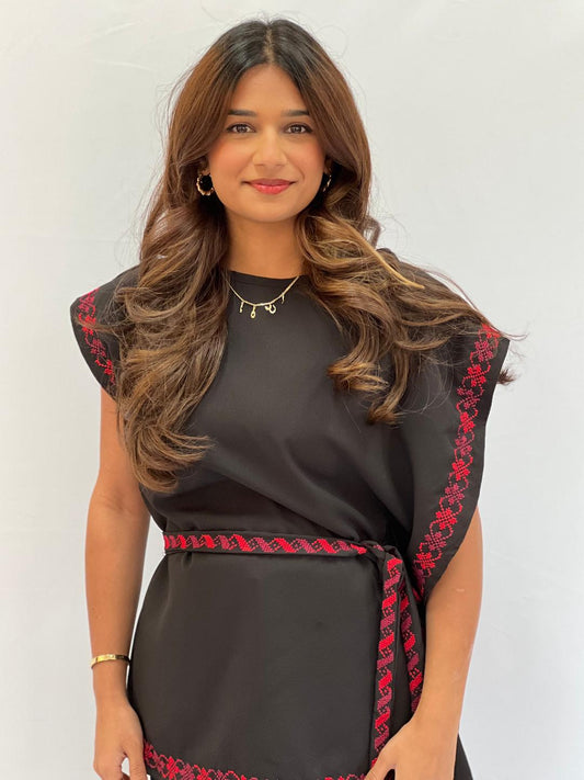 Modern Black Cut Top with Delicate Palestinian Embroidery - Versatile Free Size