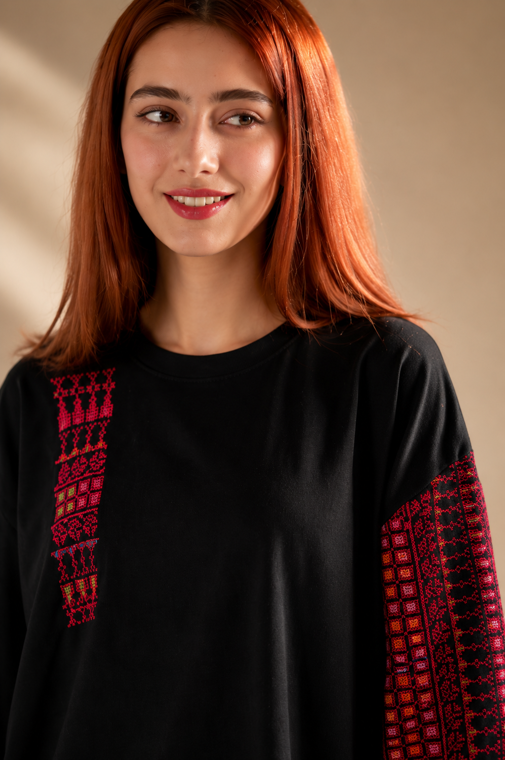 Bissan Handcrafted Black Long Sleeve Cotton Top with Embroidery
