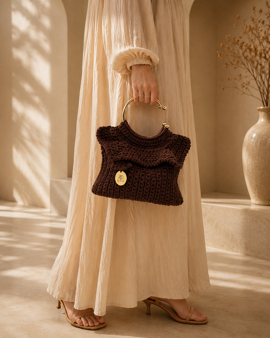 Elegant Dark Brown Crochet Clutch with Half-Circle Golden Handle | Unique Handmade by Rand Sac by Randa