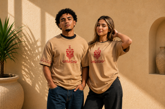 Beige Oversized T-Shirt – Handmade Palestinian Tatreez Embroidery